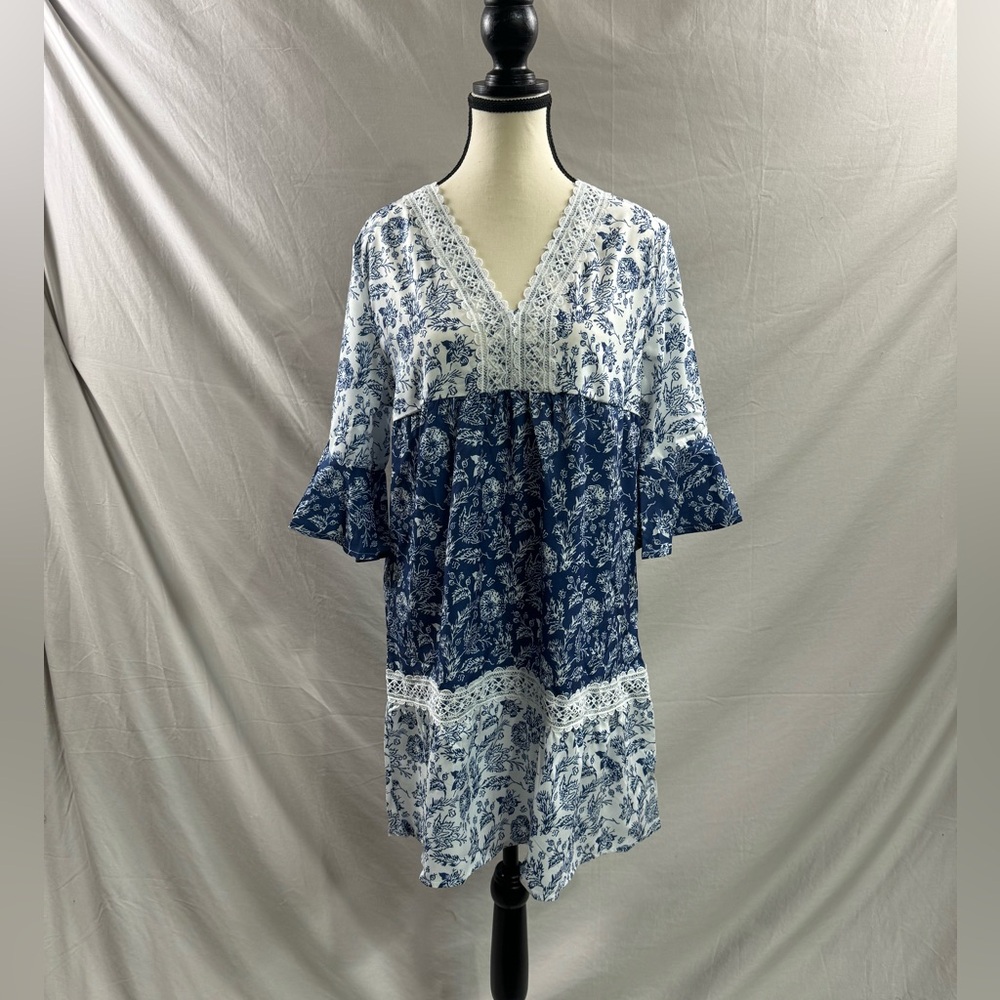 LAST ONE 🔥 Blue Boho Floral Print Lace Dress - Picture 6 of 6